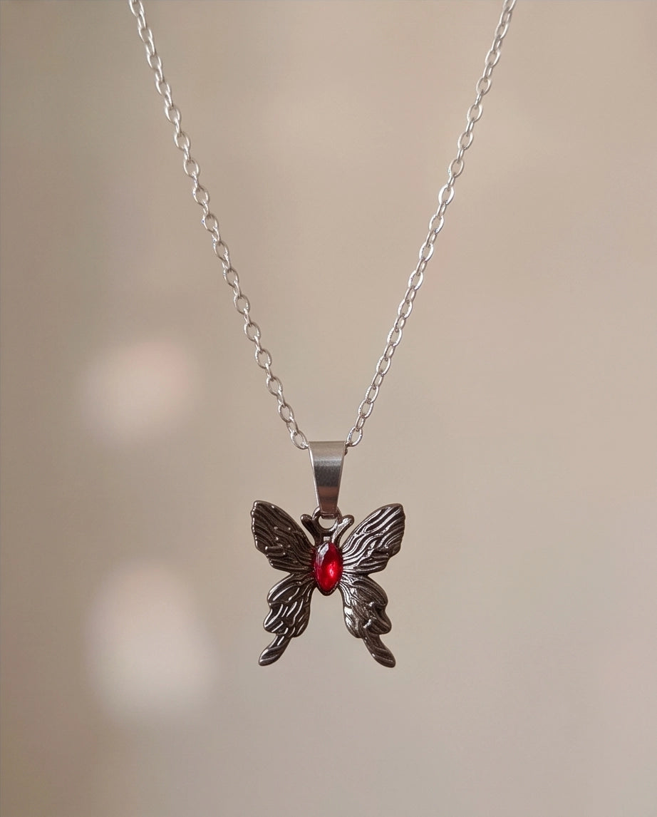 Black Textured Butterfly Red Gem Pendant Necklace