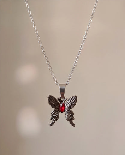 Black Textured Butterfly Red Gem Pendant Necklace