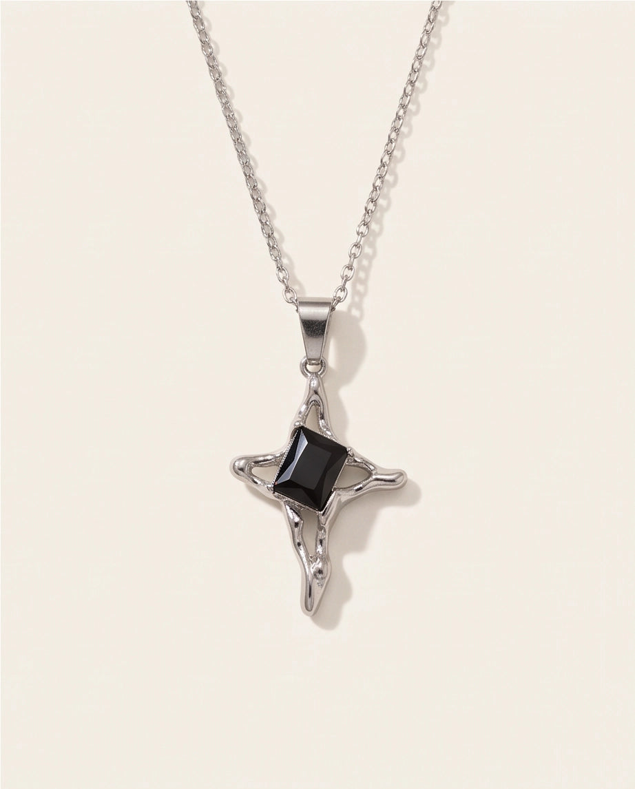 Silver Black Gemstone Gothic Cross Pendant Necklace