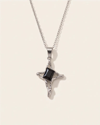 Silver Black Gemstone Gothic Cross Pendant Necklace