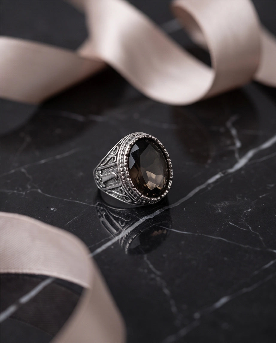 Smoky Quartz Oval-Cut Gemstone Beaded Bezel Silver Ring