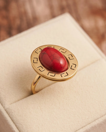 Solstice Greek Key Crimson Cabochon Ring