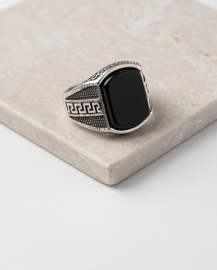 Onyx Gemstone Cushion Cabochon Greek Key Stippled Silver Ring