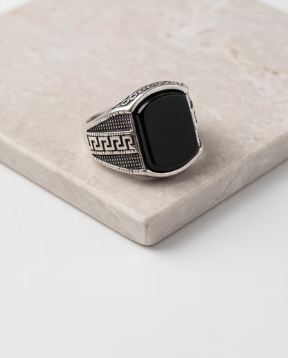 Onyx Gemstone Cushion Cabochon Greek Key Stippled Silver Ring