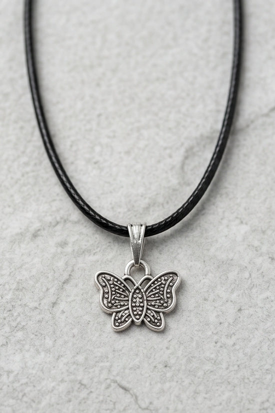 Silver Textured Butterfly Pendant Necklace