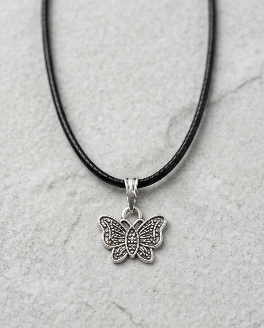 Silver Textured Butterfly Pendant Necklace