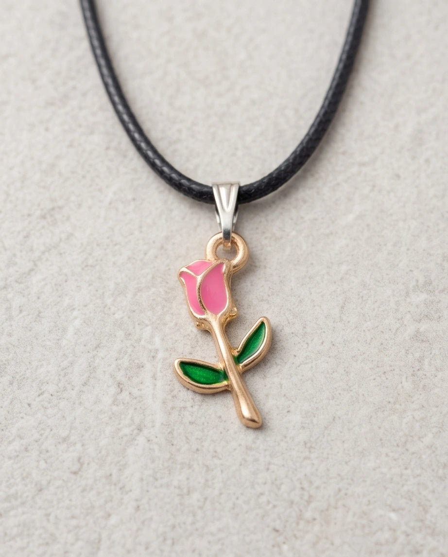 Gold and Pink Rose Pendant Necklace