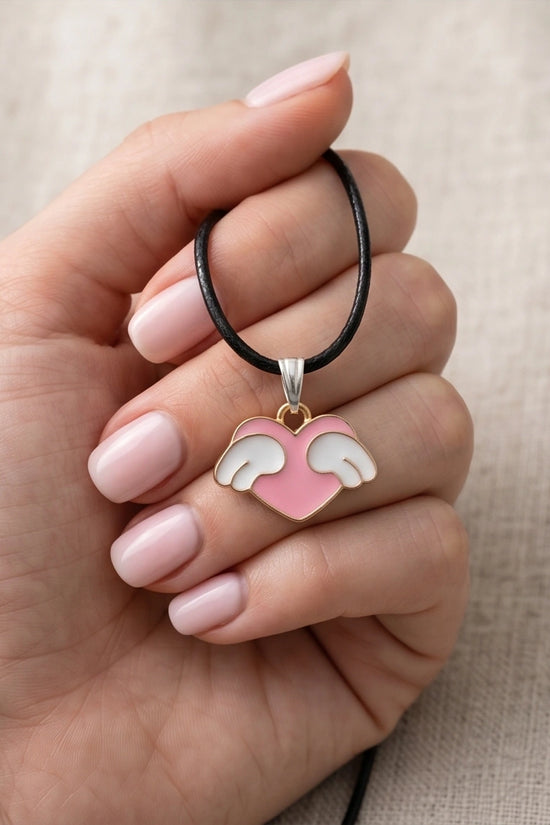 Pink Enamel Angel Winged Heart Pendant Necklace