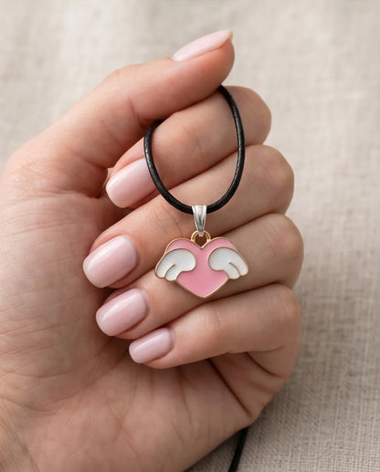 Pink Enamel Angel Winged Heart Pendant Necklace