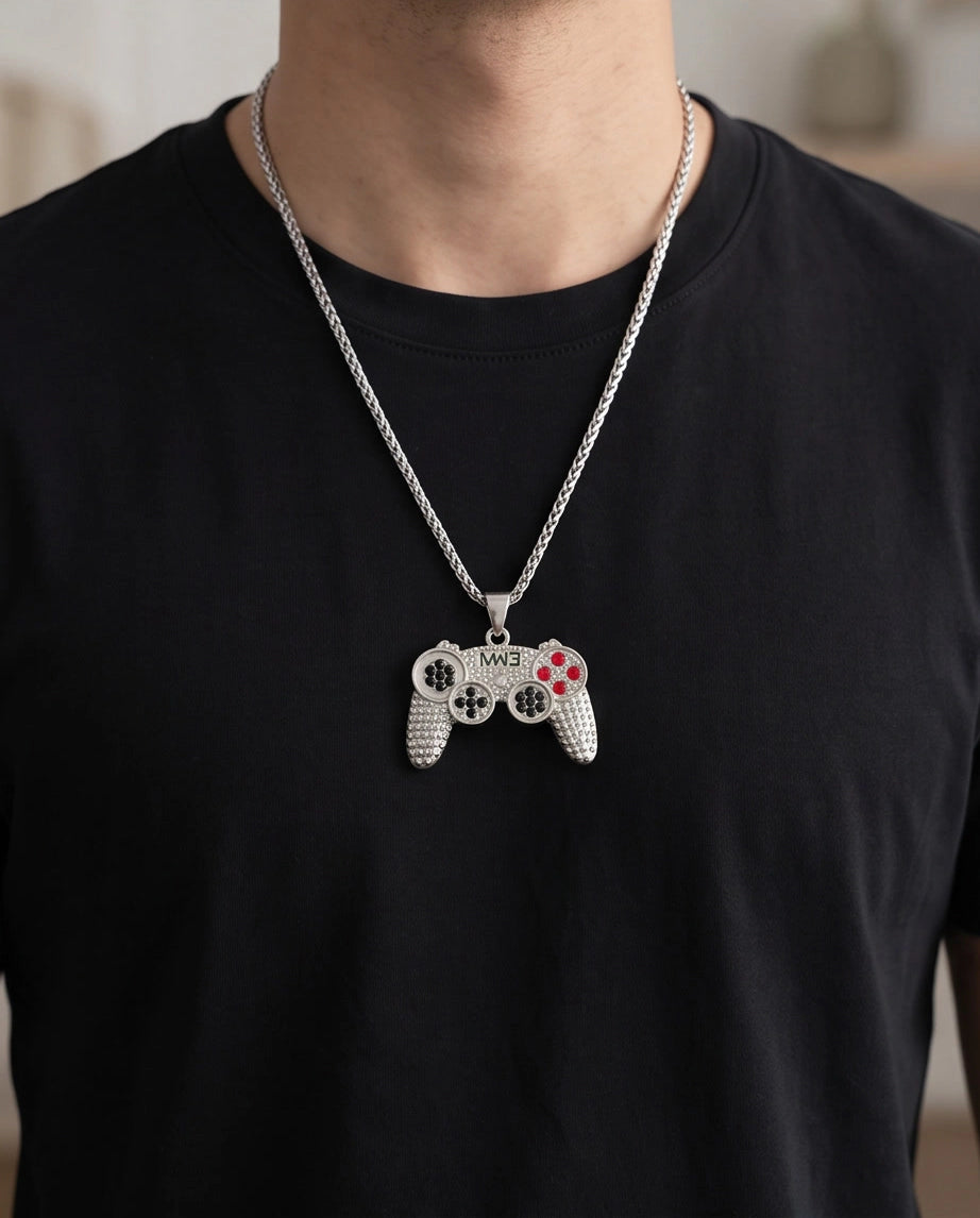 Silver Rhinestone Gamepad Controller Pendant Necklace