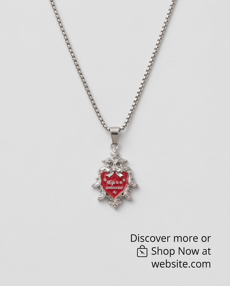 Silver Vintage Heart Engraved Red Enamel Pendant Necklace