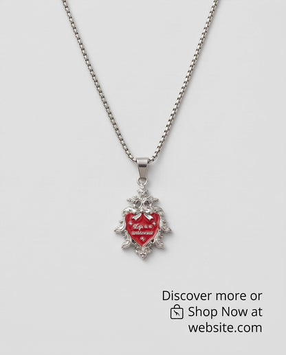Silver Vintage Heart Engraved Red Enamel Pendant Necklace