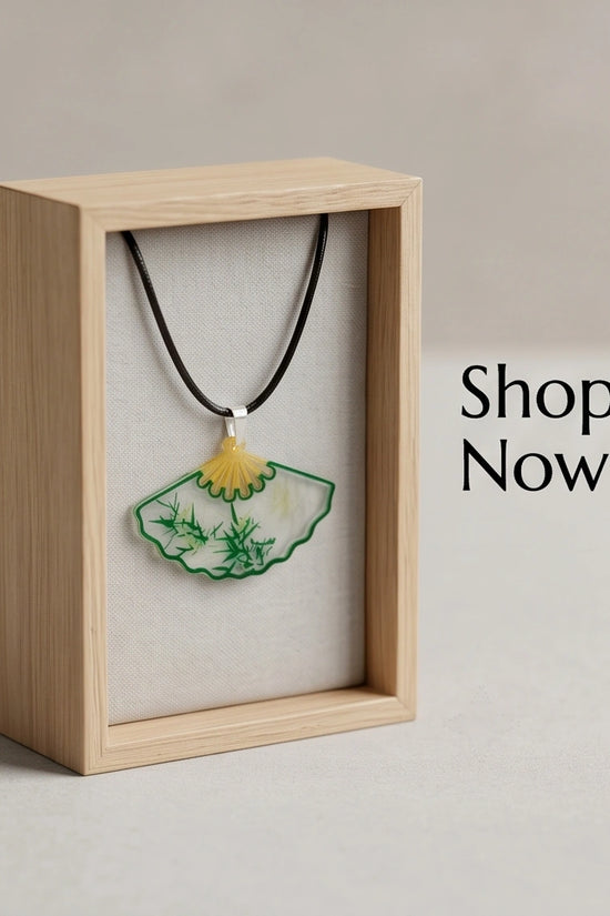 Artistic Green Bamboo Fan Pendant Necklace