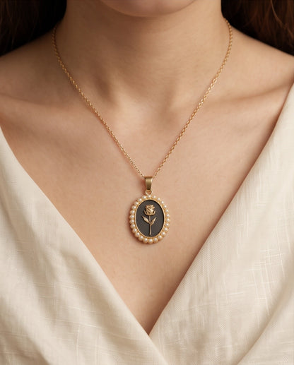 Gold Pearl Frame Black Enamel Rose Oval Pendant Necklace