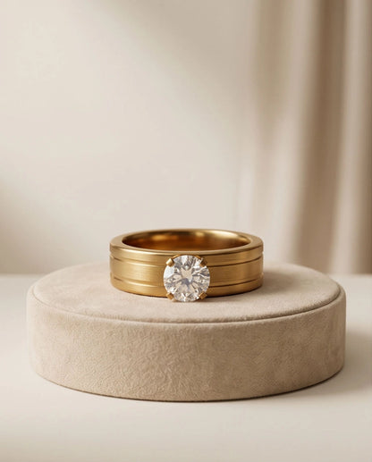 Gold Round Gemstone Wide-Band Solitaire Ring