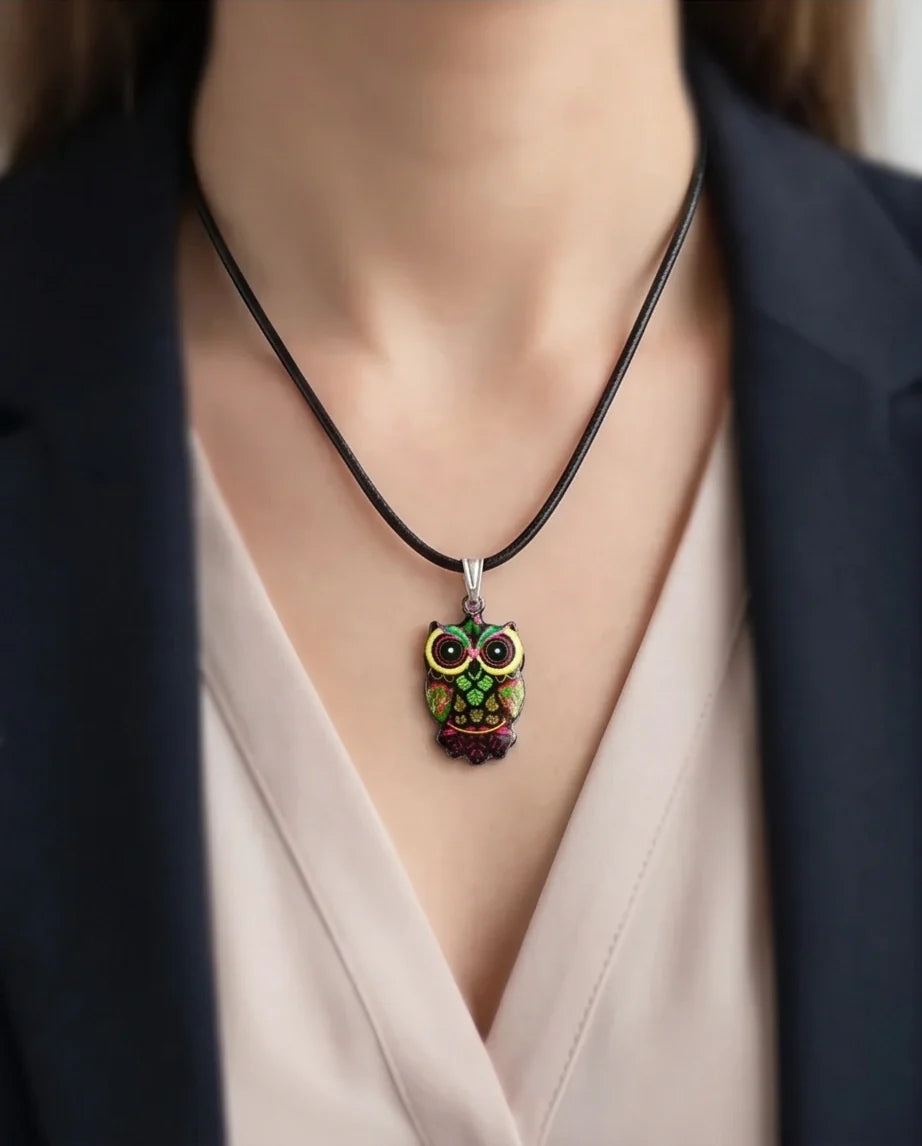 Neon Cyberpunk Owl Totem Pendant Necklace