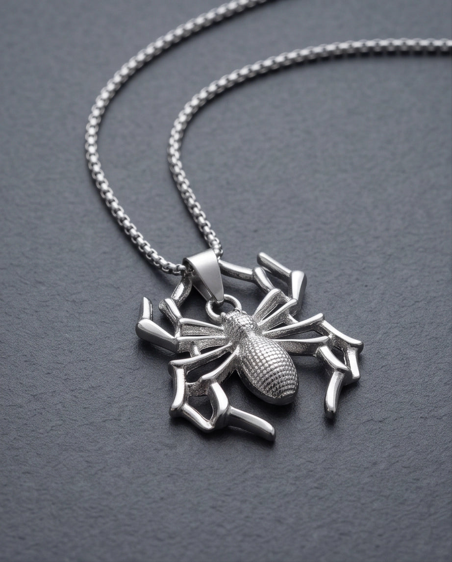 Silver Textured Spider Pendant Necklace