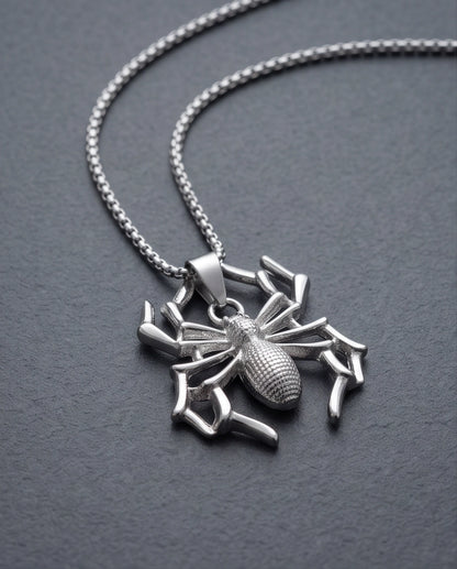 Silver Textured Spider Pendant Necklace