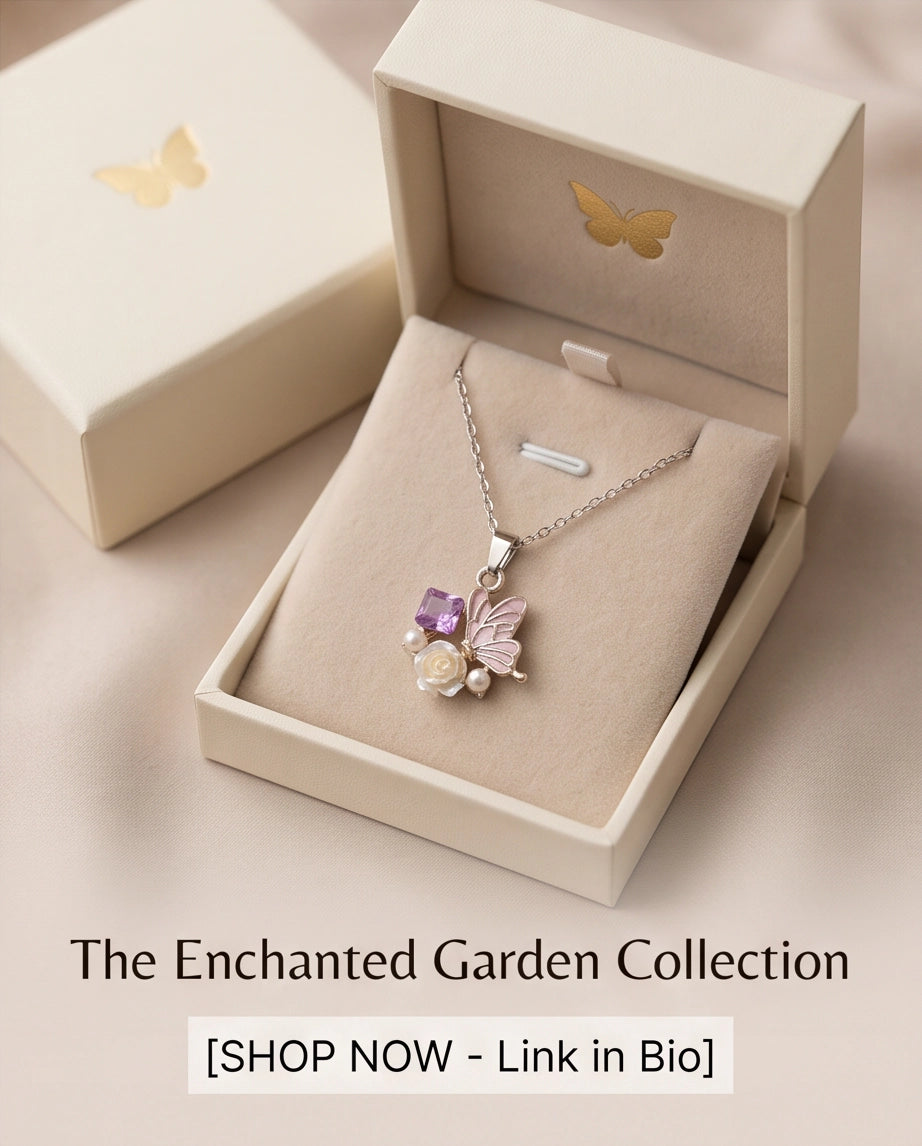 Gold Purple Enamel Butterfly & Pearl Rose Cluster Pendant Necklace