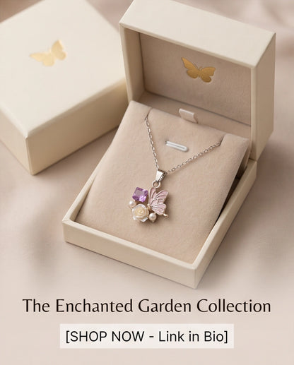 Gold Purple Enamel Butterfly & Pearl Rose Cluster Pendant Necklace