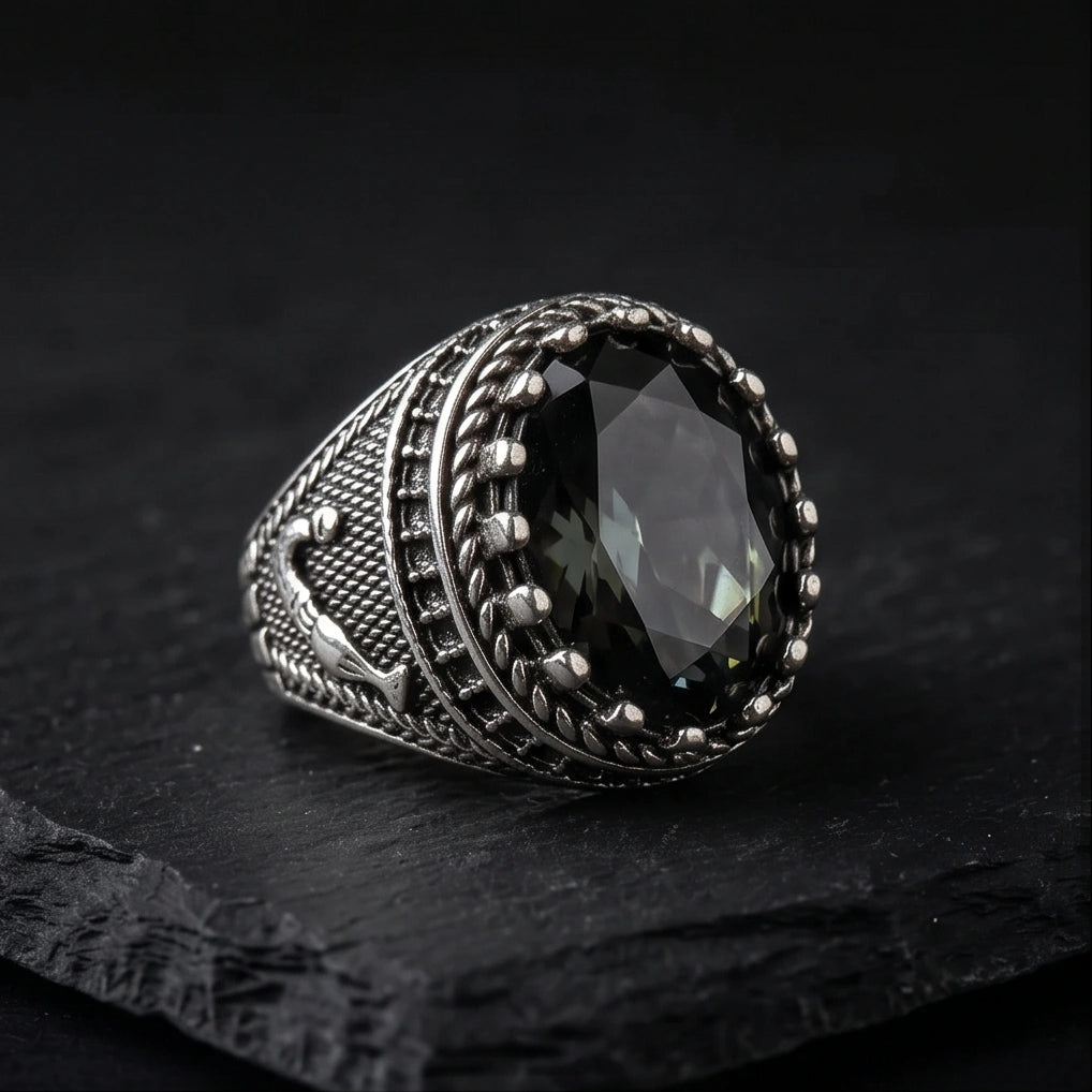 Imperial Anchor Obsidian Signet Ring