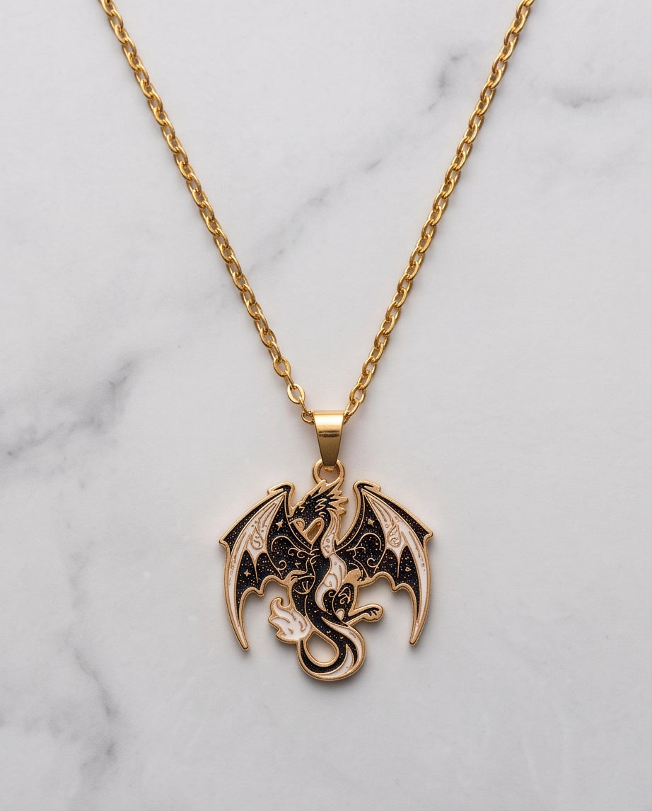 Gold Celestial Dragon Black & White Enamel Pendant Necklace