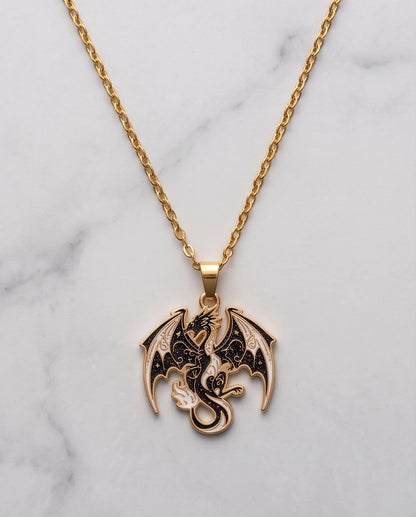 Gold Celestial Dragon Black & White Enamel Pendant Necklace