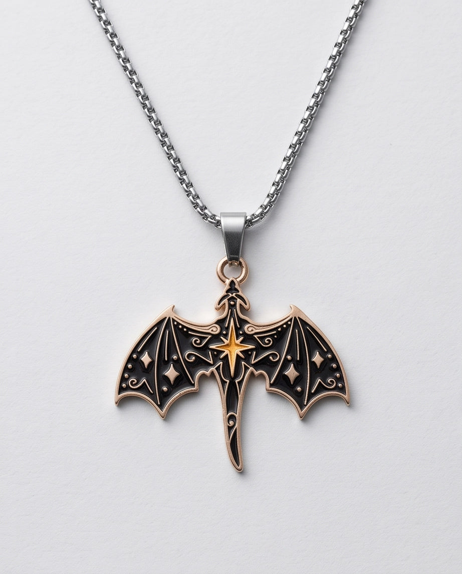 Gold Celestial Bat Enamel Pendant Necklace
