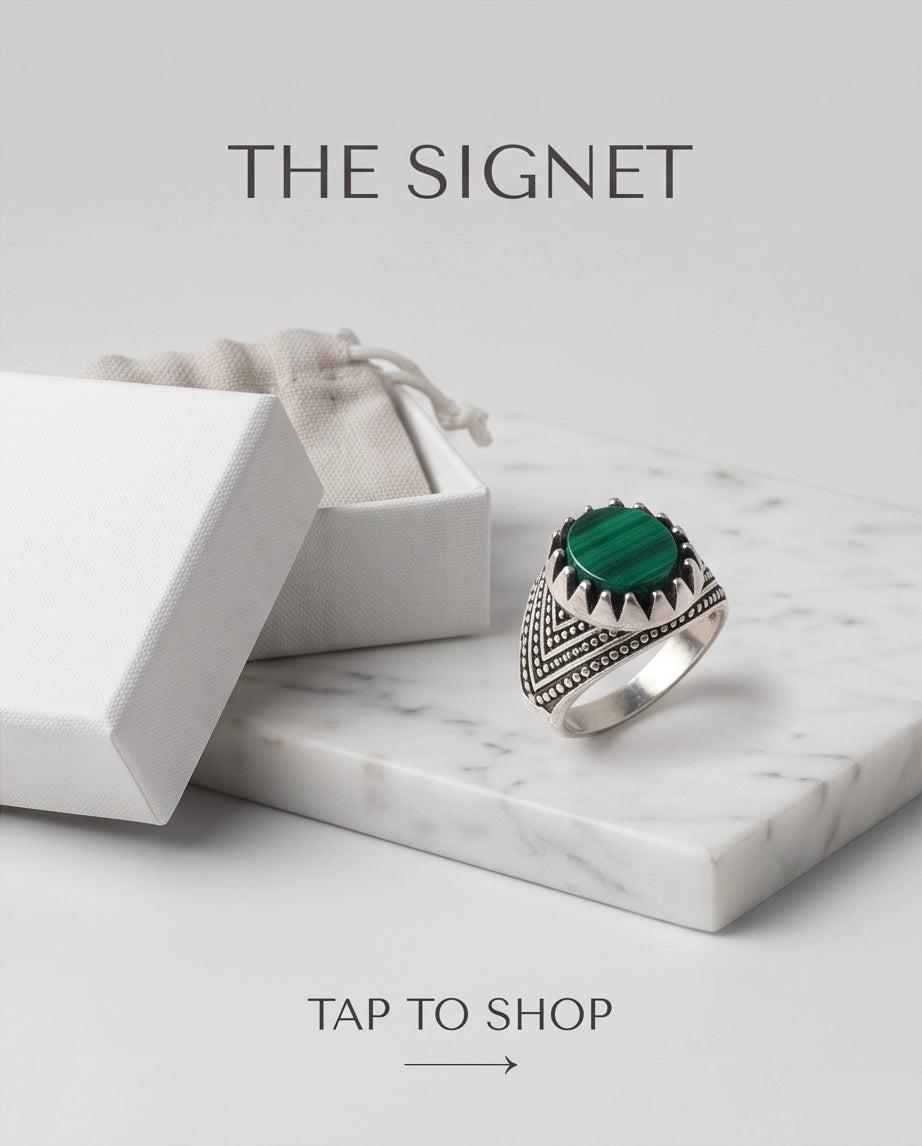 Malachite-Style Oval Cabochon Crown Bezel Chevron Stippled Silver Ring