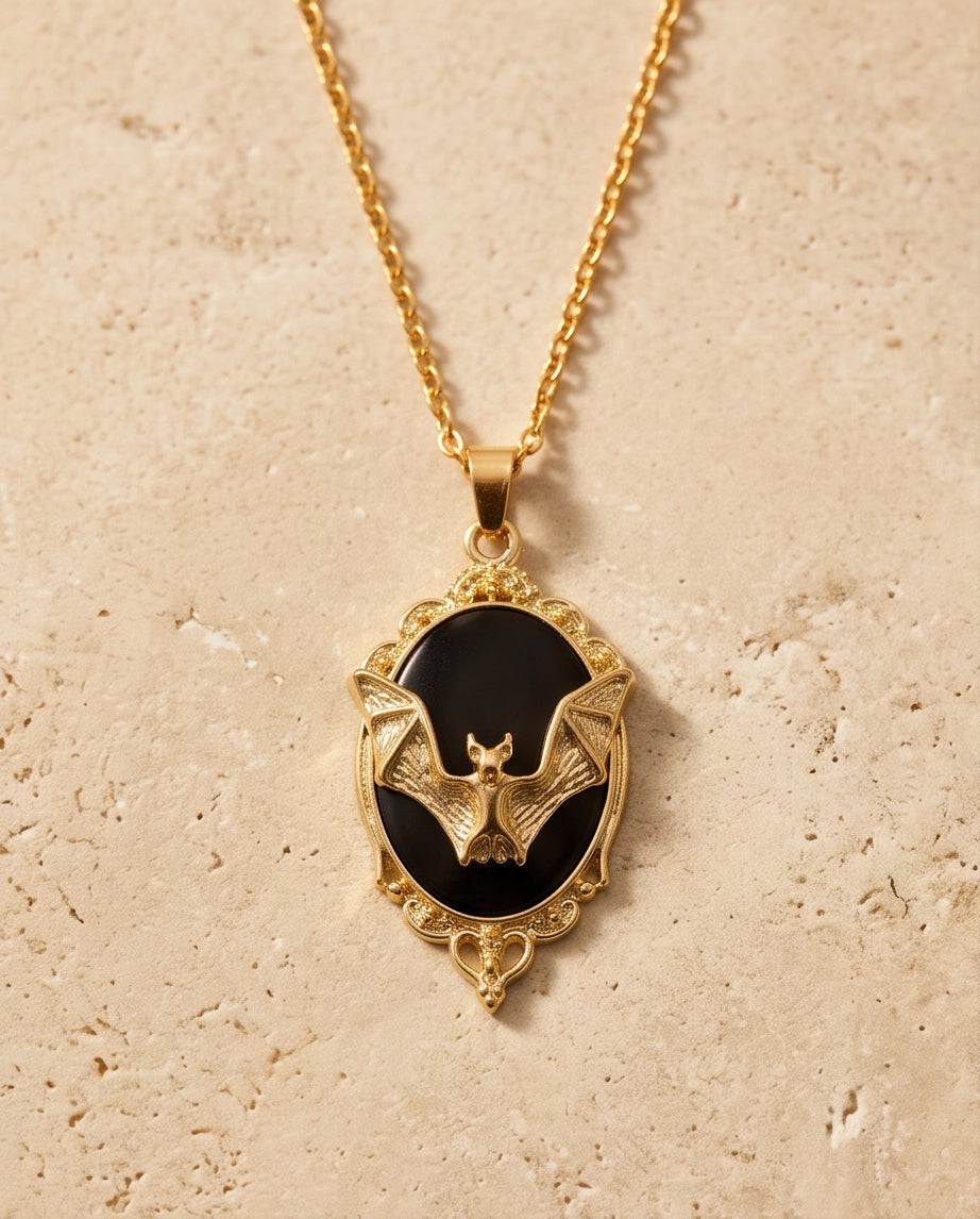 Gold Gothic Bat Black Enamel Medallion Chain Necklace