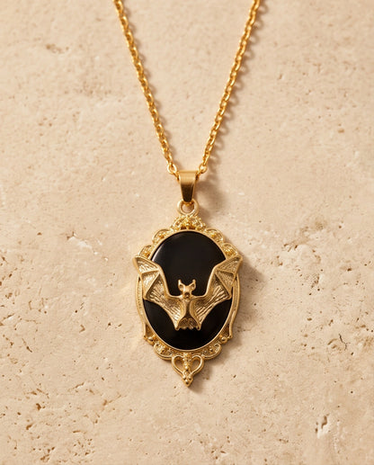 Gold Gothic Bat Black Enamel Medallion Chain Necklace