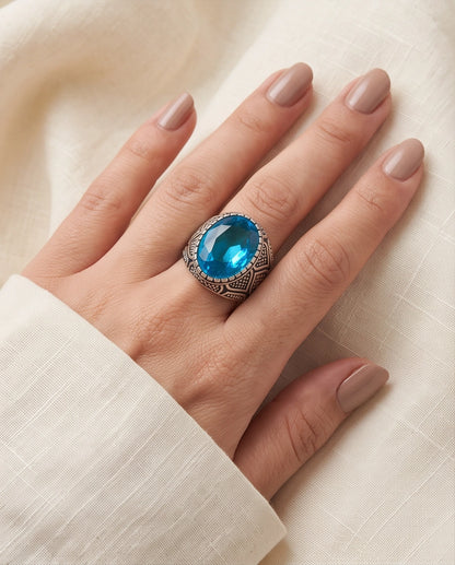 Aquamarine Gemstone Beaded Bezel Lattice Silver Ring