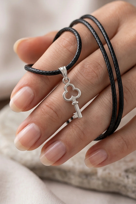 The Secret Keeper: Minimalist Silver Clover Key Pendant Necklace