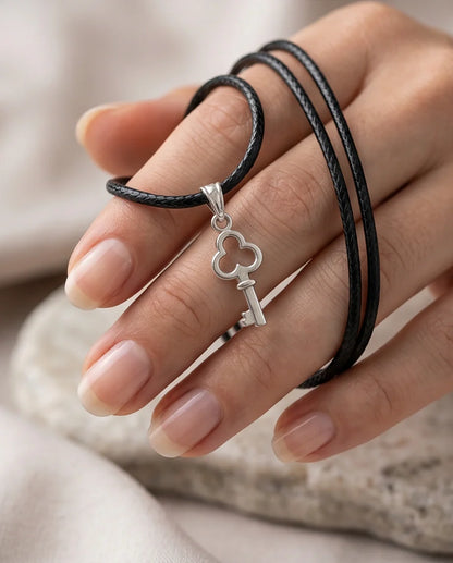 The Secret Keeper: Minimalist Silver Clover Key Pendant Necklace