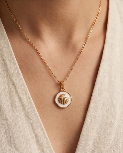 Gold White Enamel Seashell Medallion Pendant Necklace