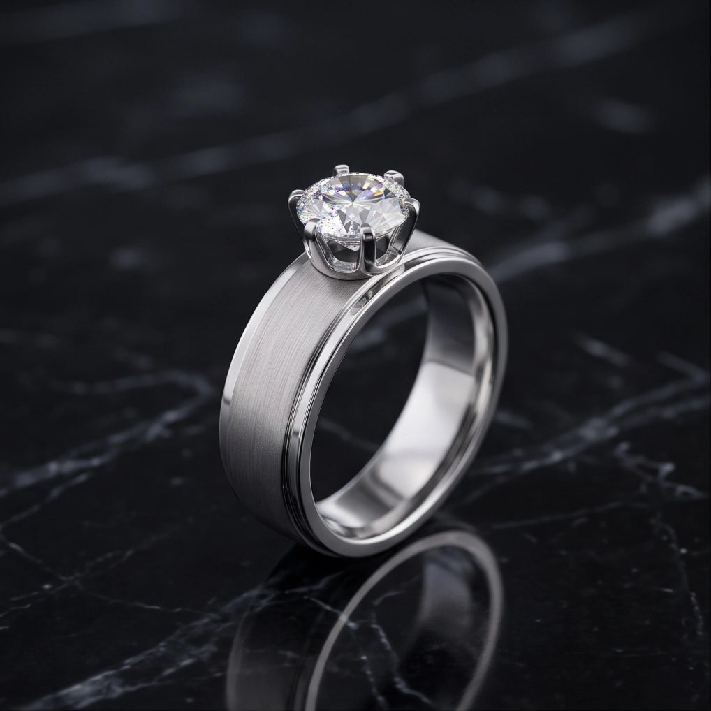 Silver Round Gemstone Brushed Solitaire Ring