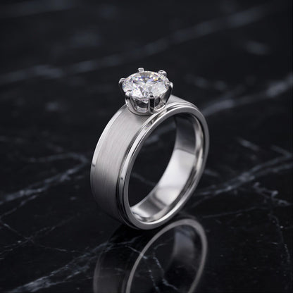 Silver Round Gemstone Brushed Solitaire Ring