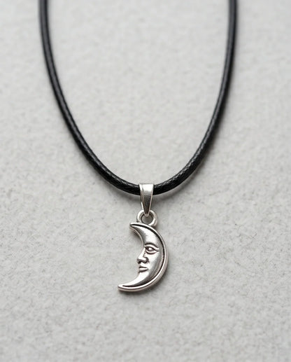Silver Vintage Crescent Moon Face Necklace