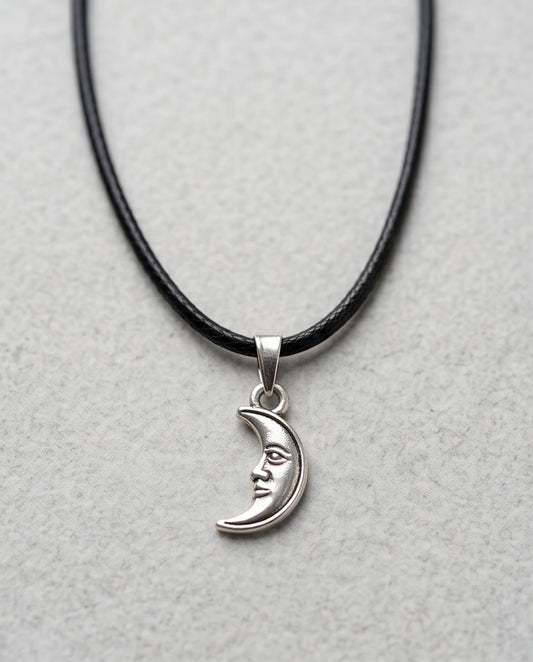 Silver Vintage Crescent Moon Face Necklace