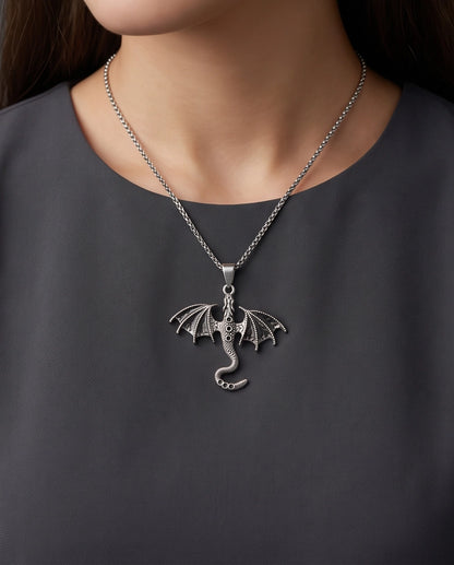 Silver Oxidized Dragon Wyvern Pendant Necklace