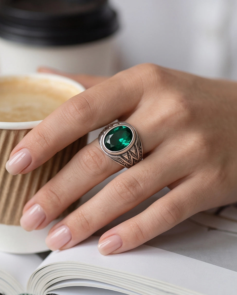 Emerald Gemstone Smooth Bezel Tribal Wing Silver Ring