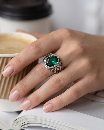 Emerald Gemstone Smooth Bezel Tribal Wing Silver Ring