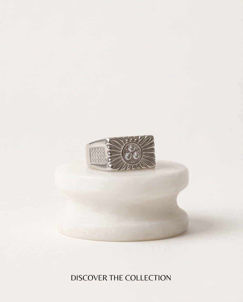 Celestial Sunburst Triple-Crystal Stippled Band Silver Ring