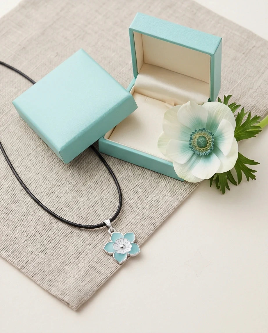 Serene Blue and White Layered Floral Enamel Pendant Necklace