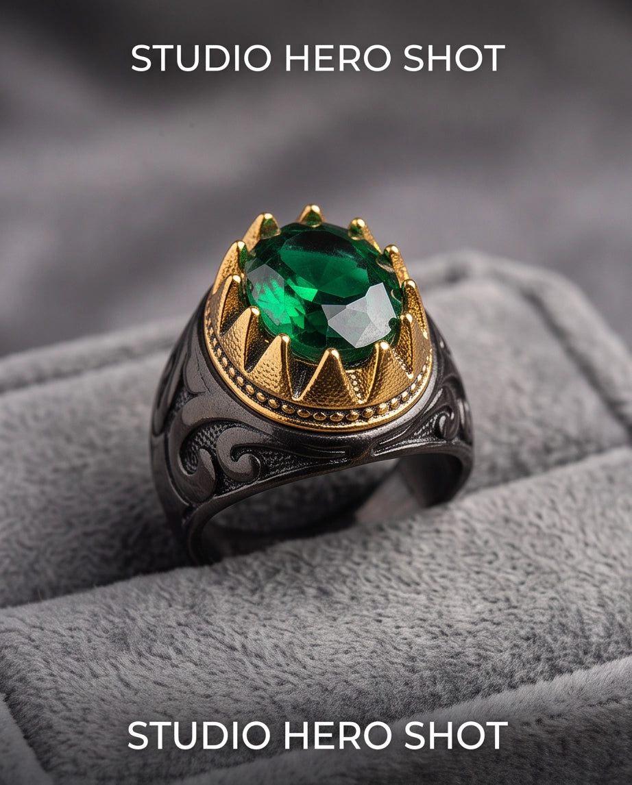 Imperial Emerald Crowned Filigree Signet Ring