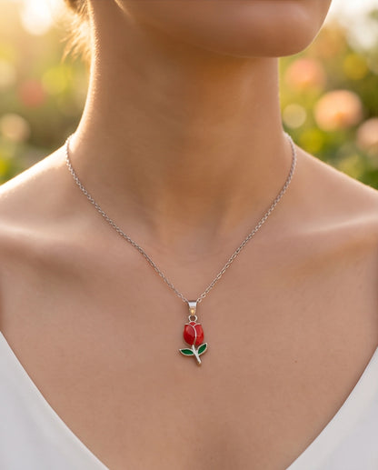 Silver Red Enamel Tulip Pendant Necklace