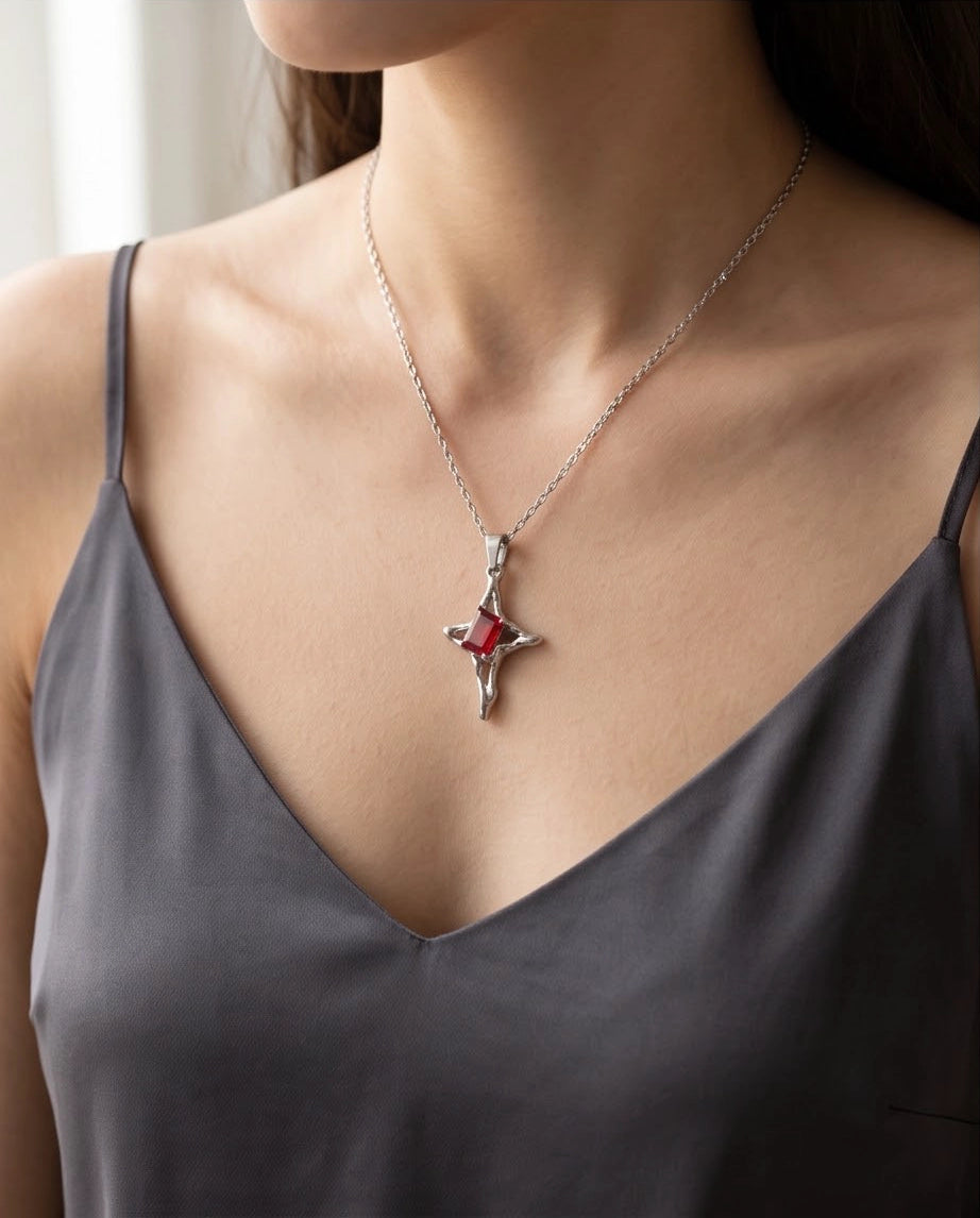 Silver Red Gemstone Gothic Cross Pendant Necklace