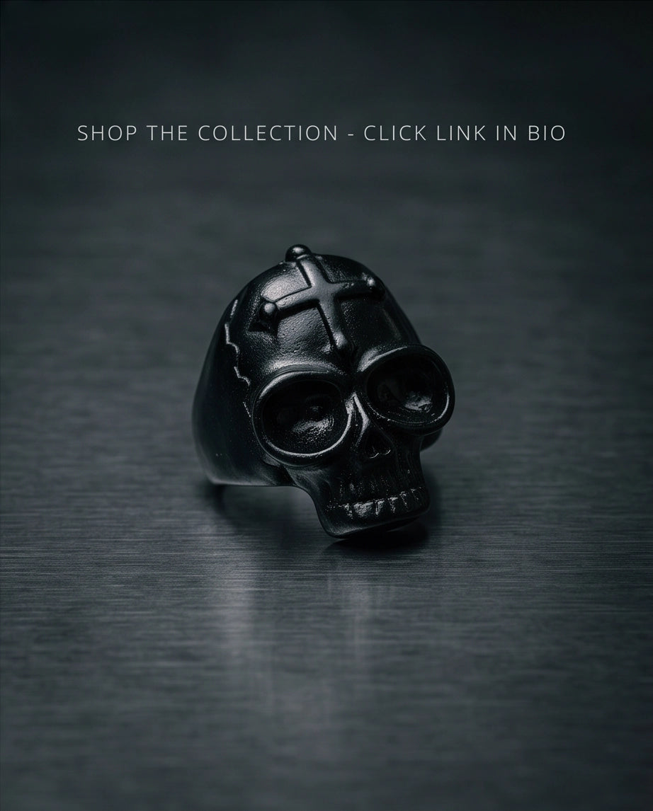 Matte Black Gothic Cross-Embossed Anatomical Skull Ring