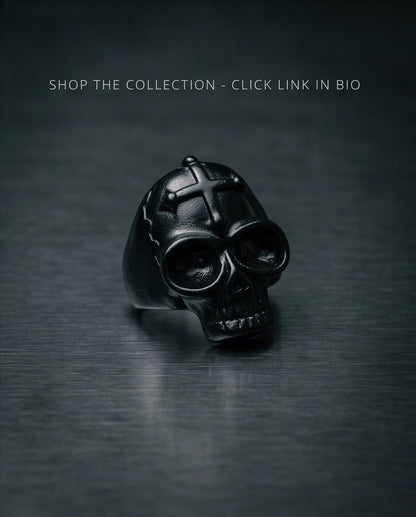 Matte Black Gothic Cross-Embossed Anatomical Skull Ring