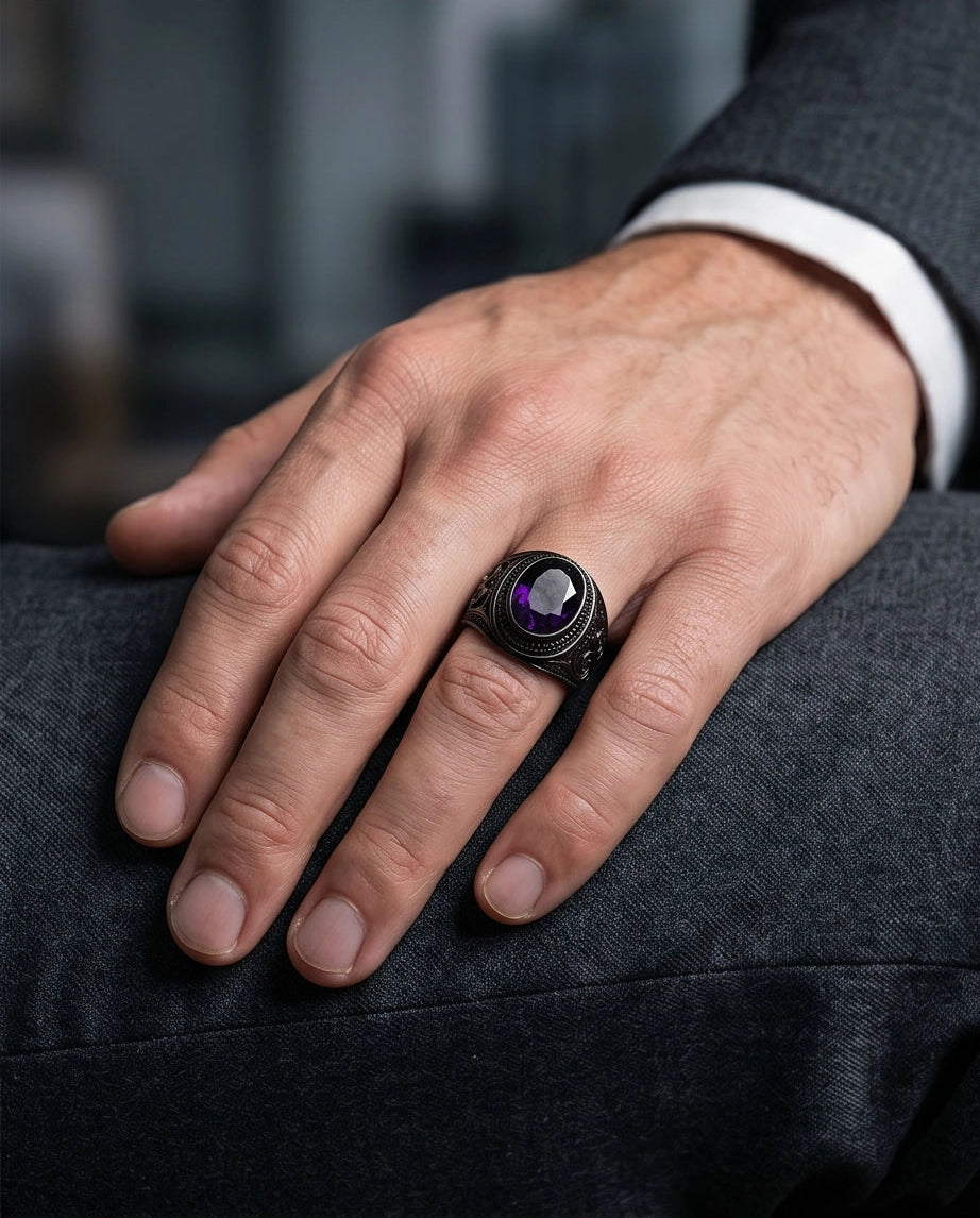 Matte Black Oval Amethyst Scroll Signet Ring